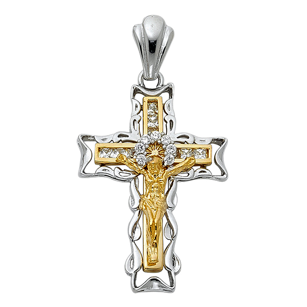 14K Two Tone Gold CZ Fancy Crucifix Pendant