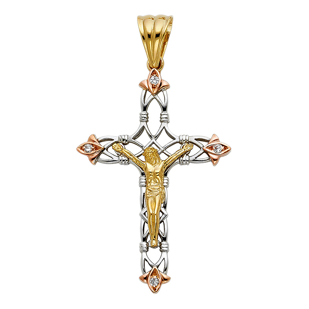 14K Yellow White Rose Gold CZ Fancy Crucifix Pendant