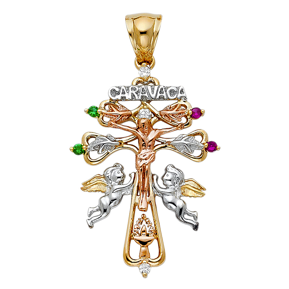 14K Yellow White Rose Gold CZ Cross Of Caravaca Pendant