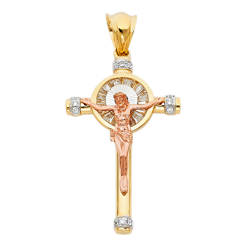 14K Yellow White Rose Gold CZ Crucifix Pendant