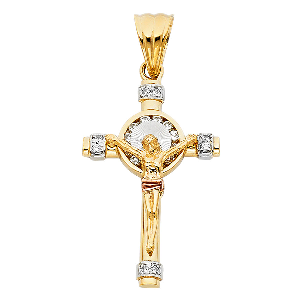 14K Yellow White Rose Gold CZ Crucifix Pendant
