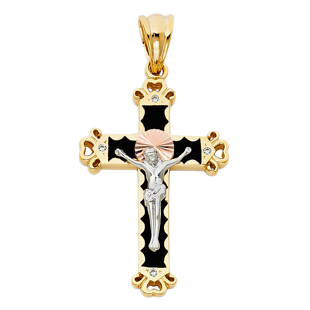 14K Yellow White Rose Gold CZ Crucifix Pendant
