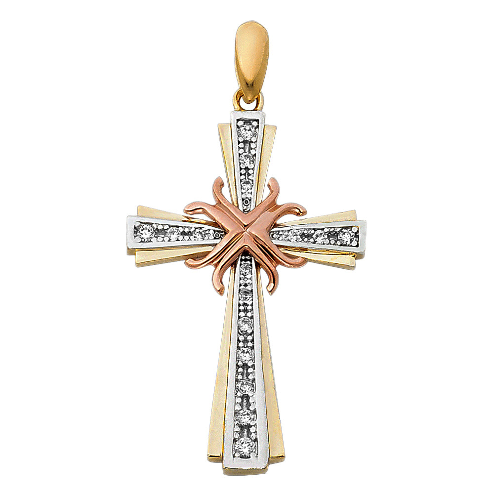 14K Yellow White Rose Gold CZ Fancy Cross Pendant