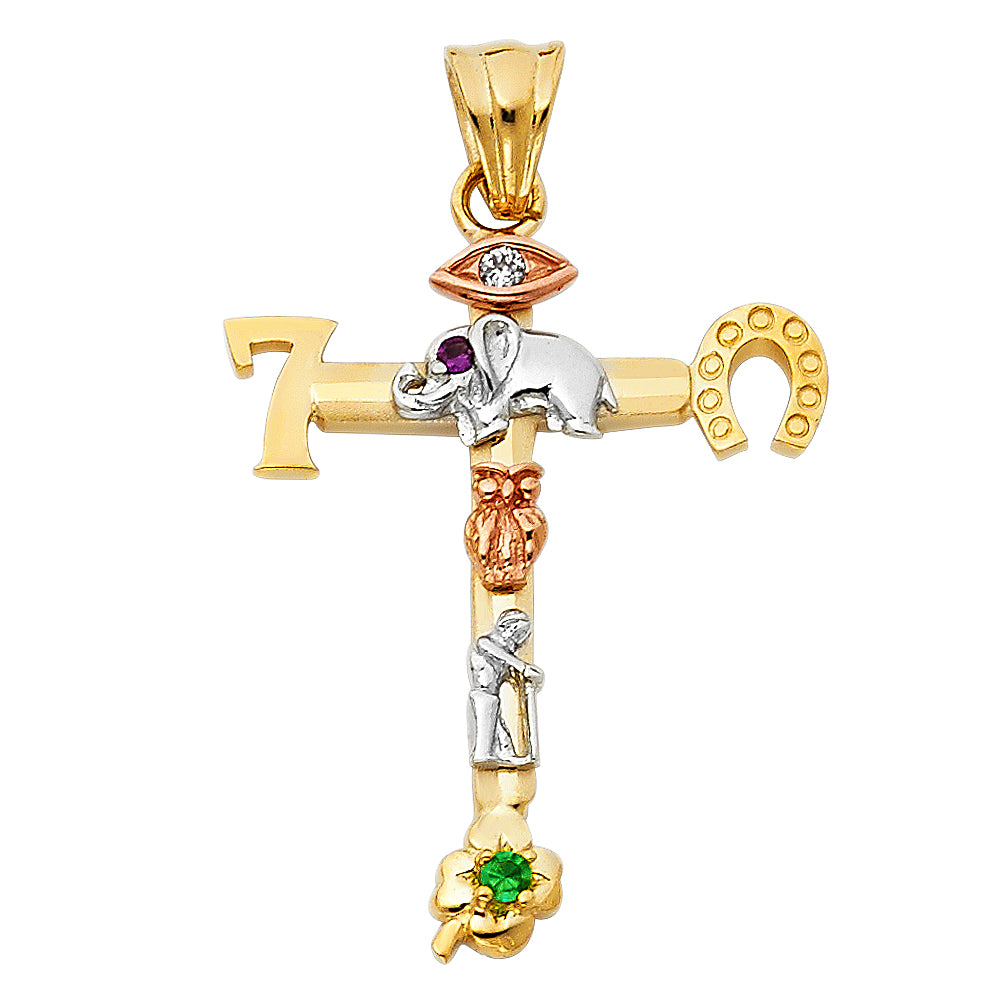 14K Yellow White Rose Gold Lucky Cross Pendant