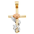 14K Yellow White Rose Gold Cross W/Rose Pendant