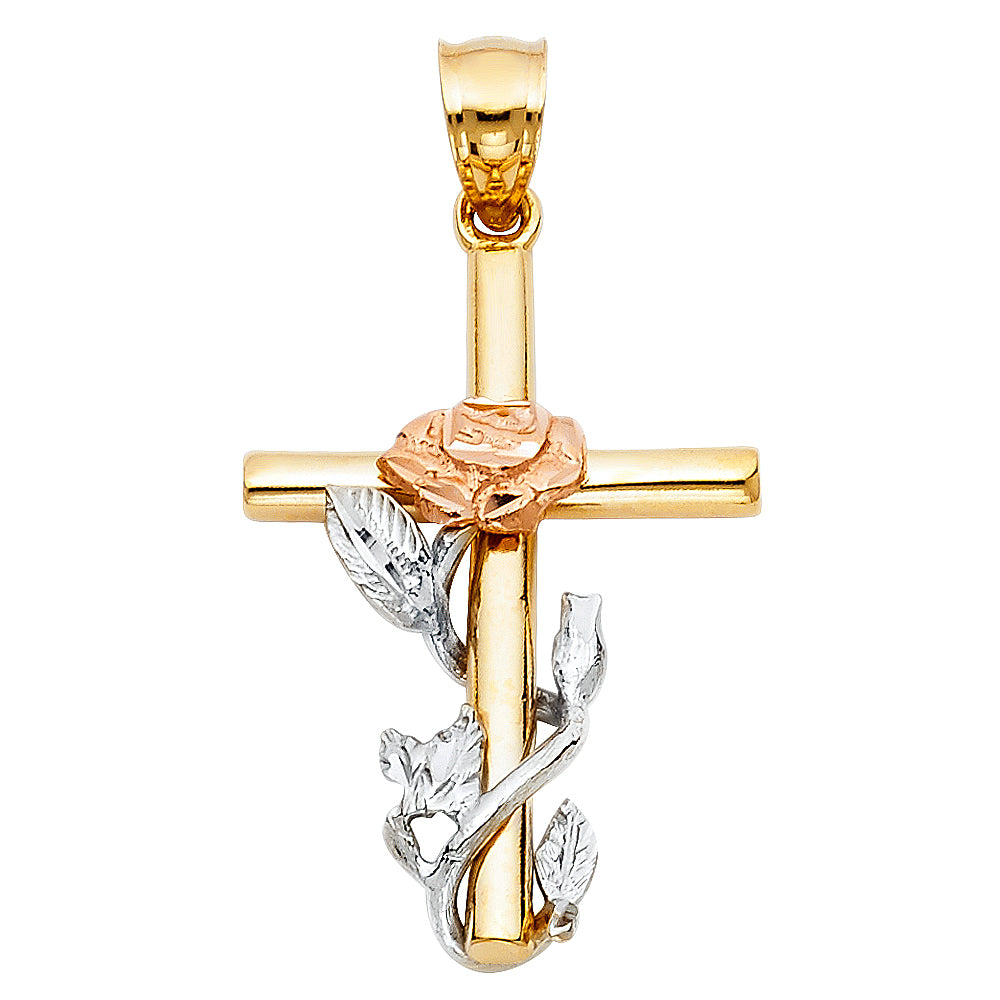 14K Yellow White Rose Gold Cross W/Rose Pendant