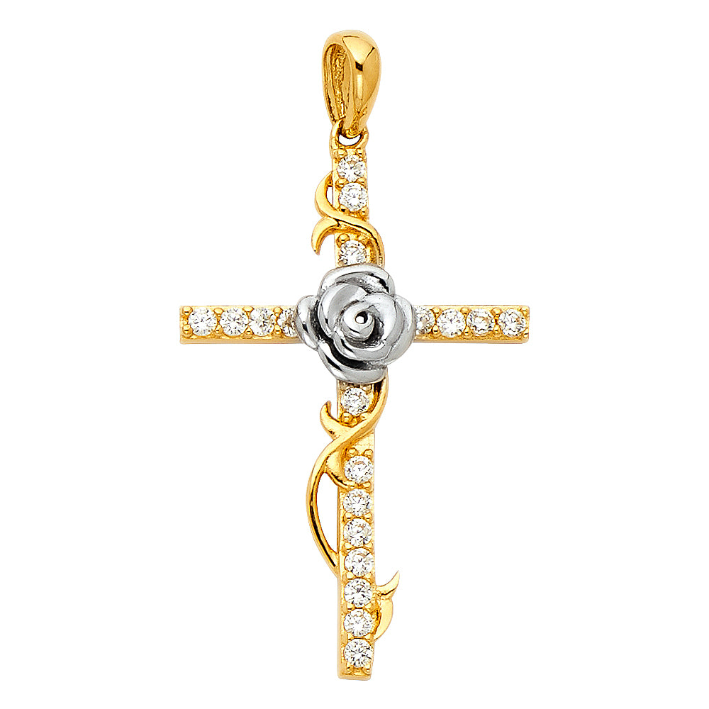 14K Two Tone Gold CZ Cross W/ Rose Pendant