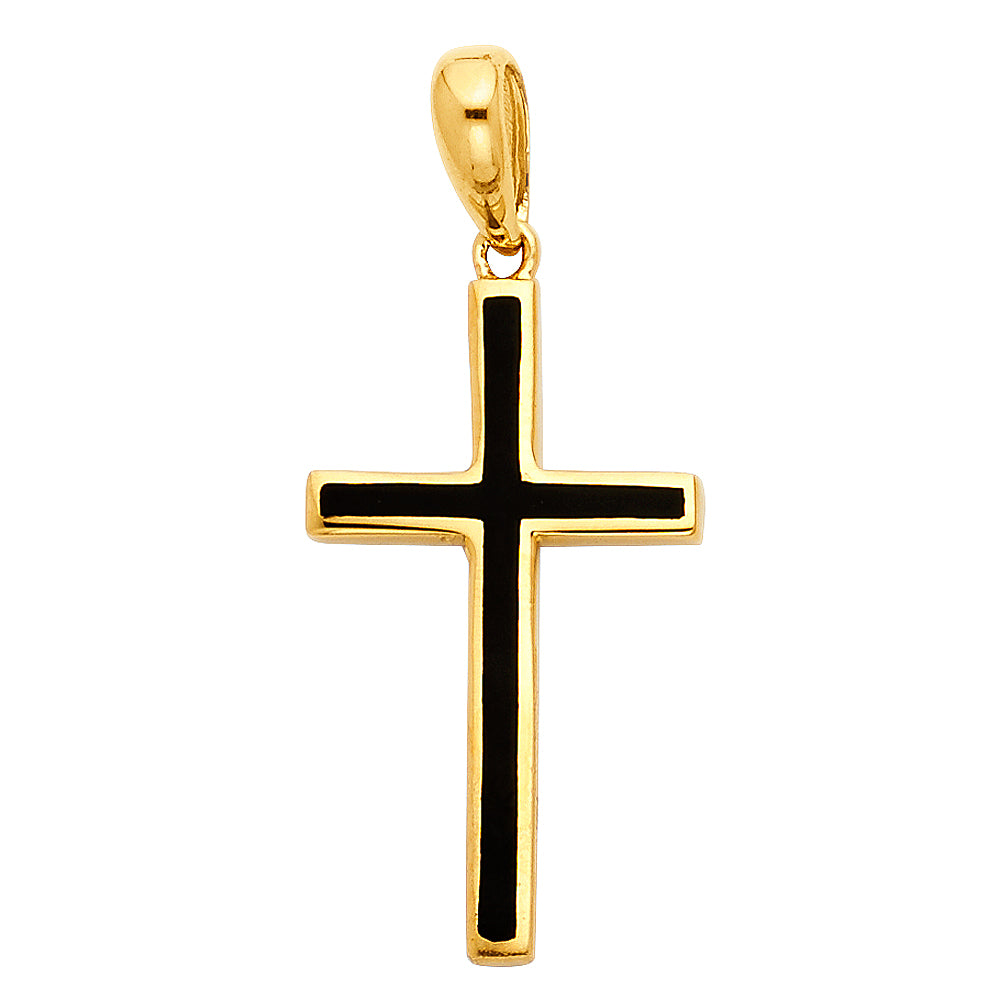 14K Yellow Gold Cross W/ Black Enamel Pendant