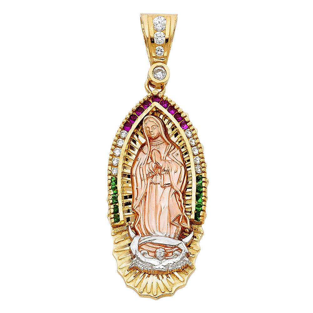 14K Yellow White Rose Gold CZ Our Lady Of Guadalupe Pendant