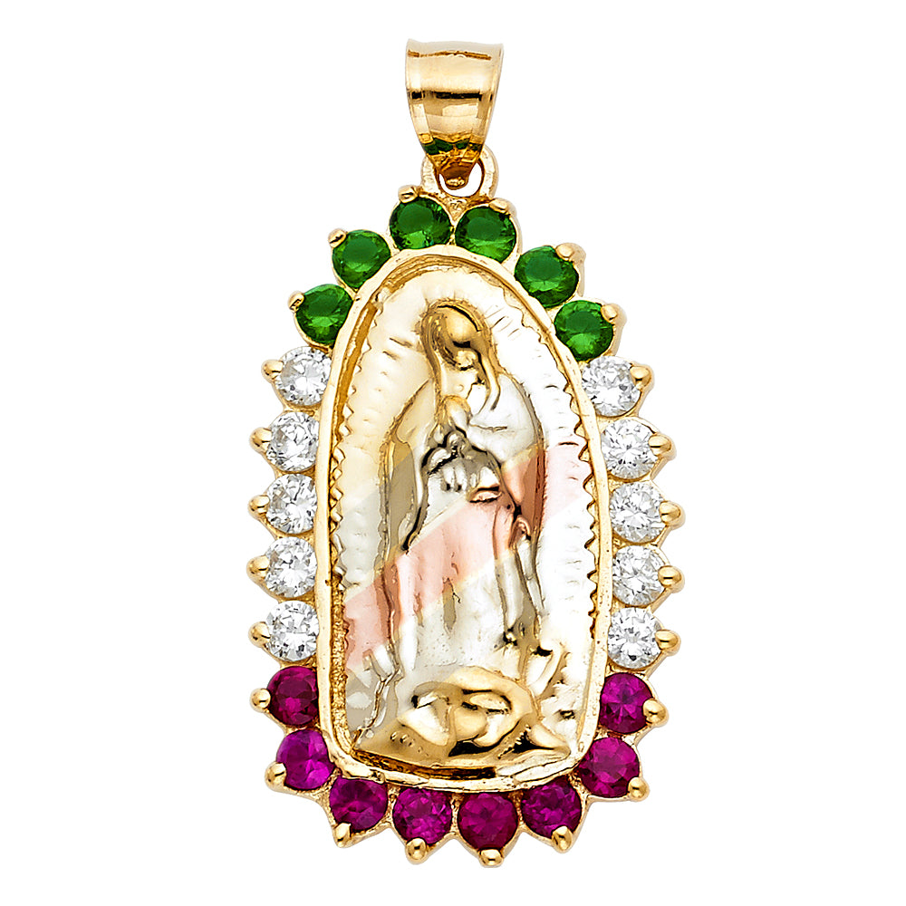 14K Yellow White Rose Gold CZ Our Lady Of Guadalupe Pendant
