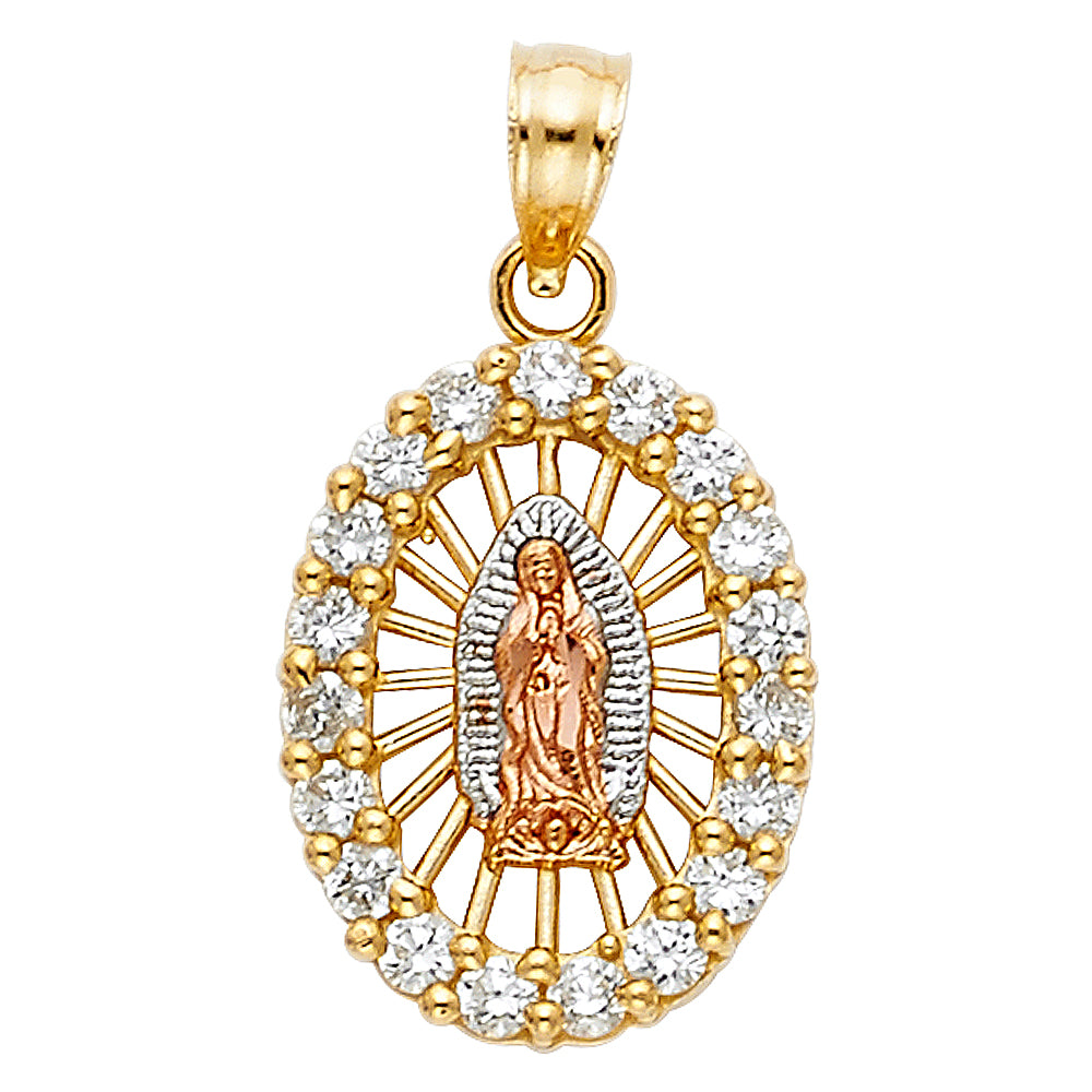 14K Yellow White Rose Gold CZ Our Lady Of Guadalupe Pendant