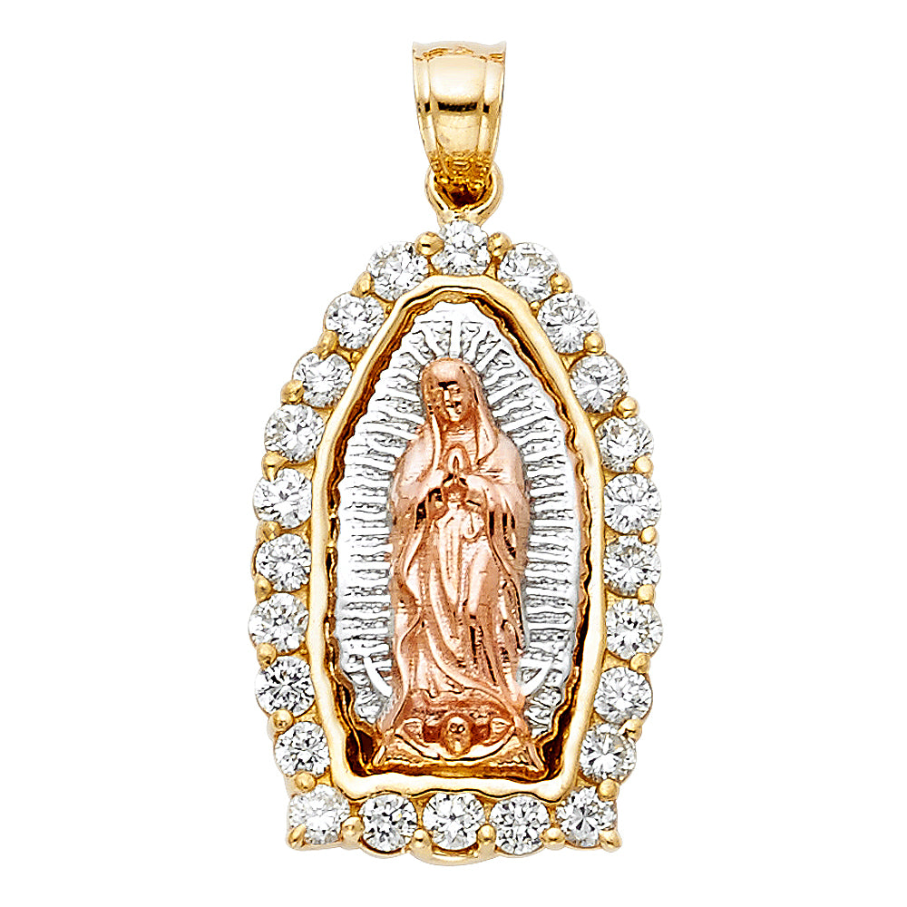 14K Yellow White Rose Gold CZ Our Lady Of Guadalupe Pendant