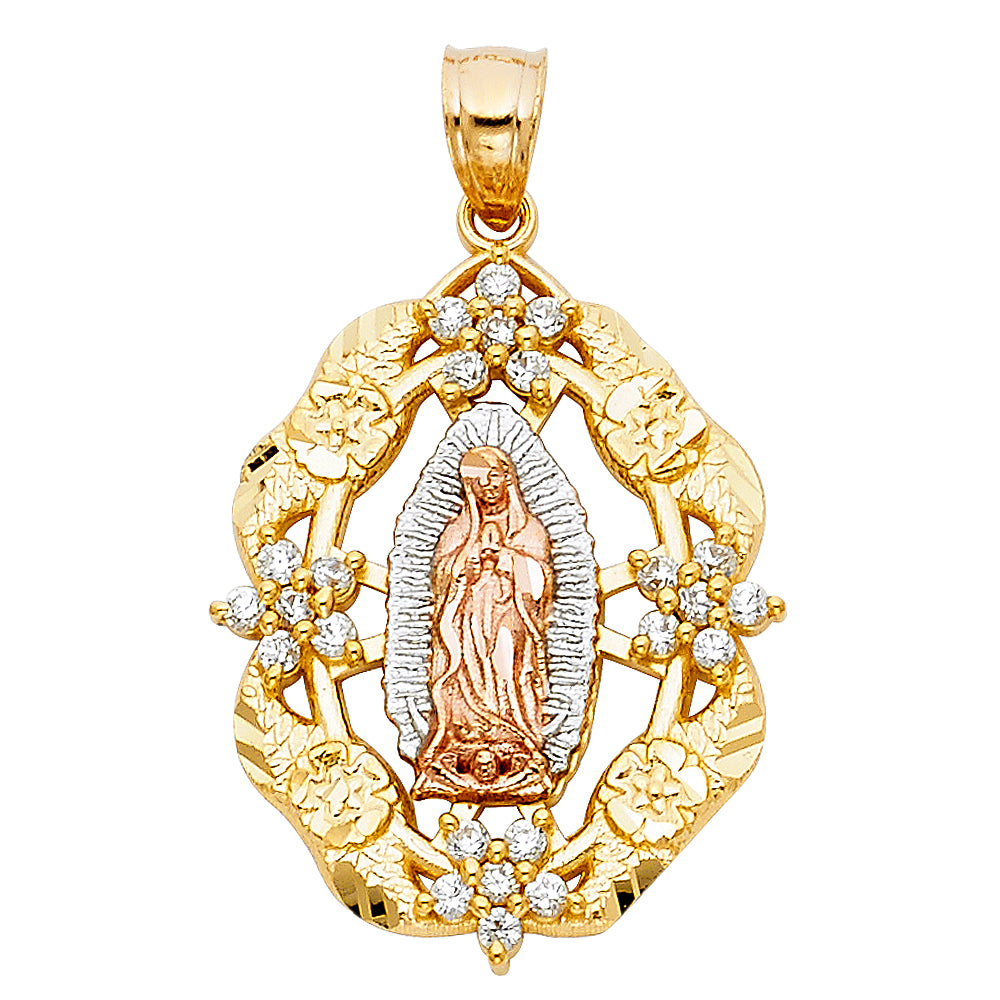 14K Yellow White Rose Gold CZ Our Lady Of Guadalupe Pendant