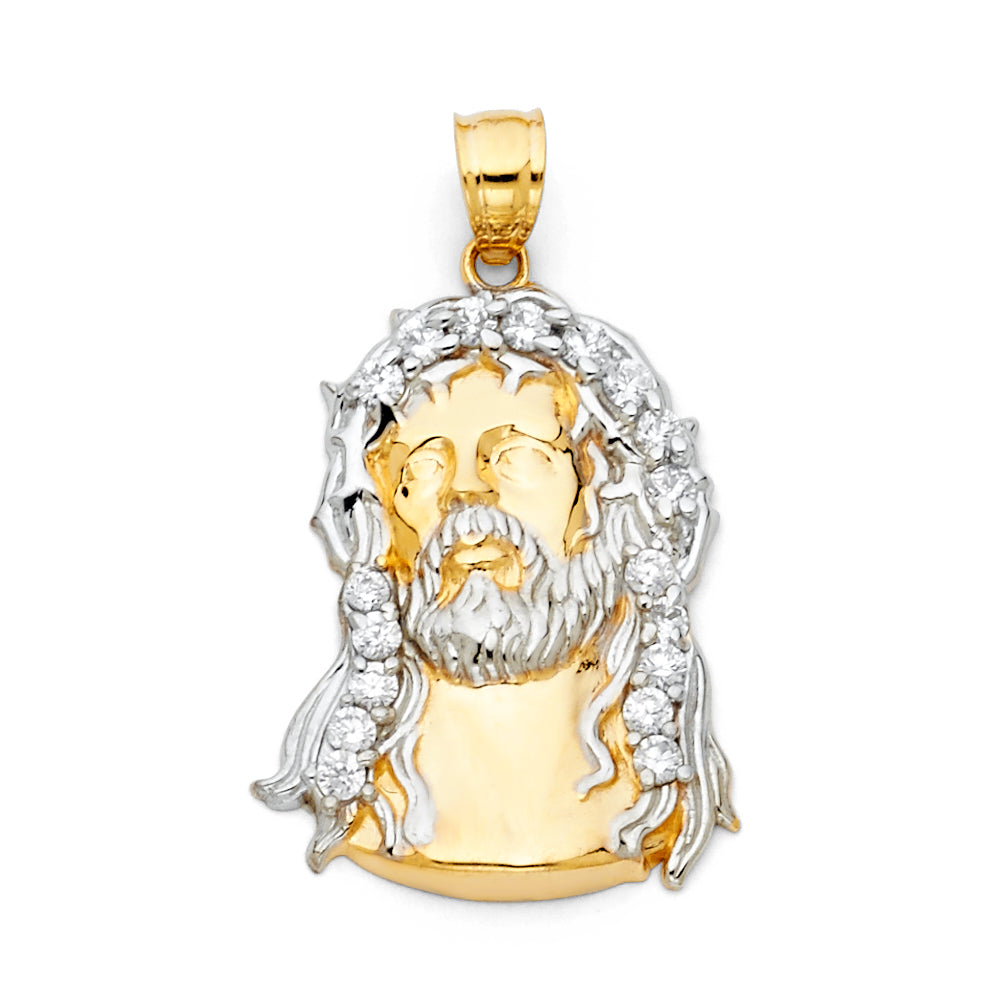 14K Two Tone Gold CZ Jesus Christ Head Pendant