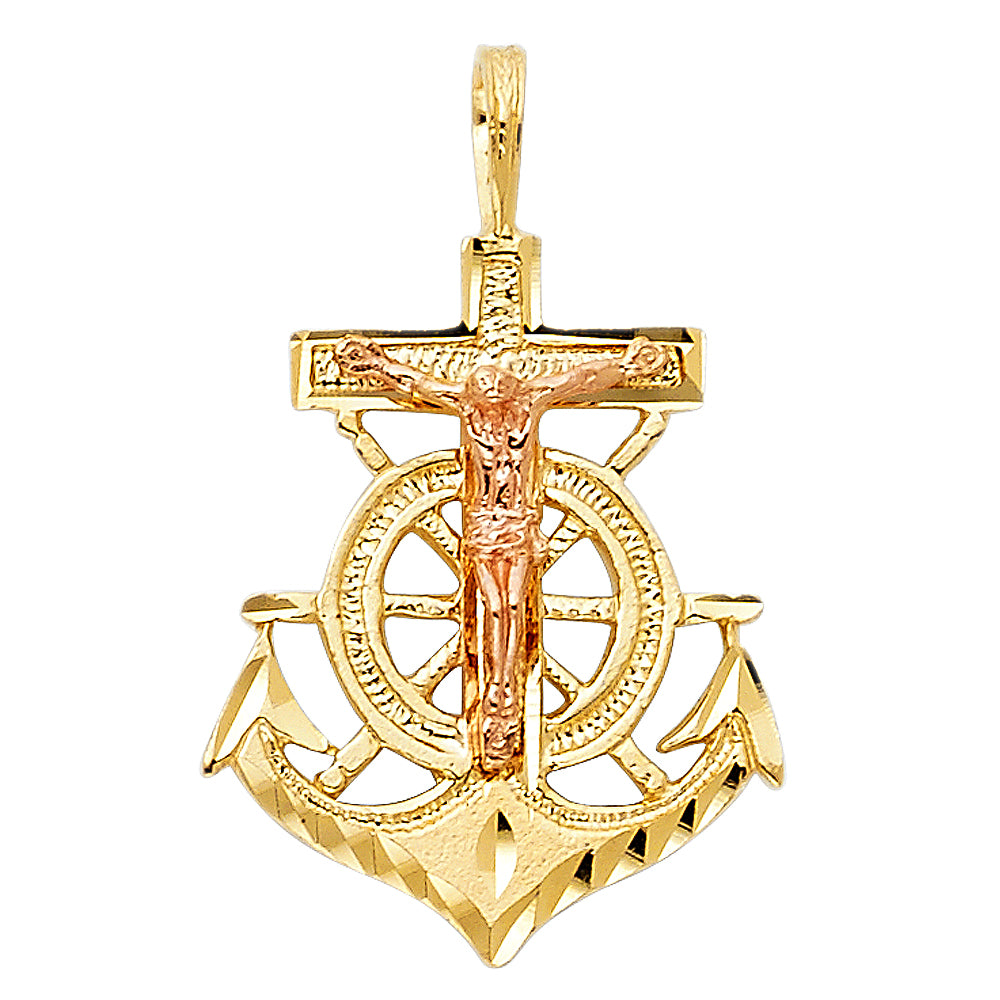 14K Two Tone Gold Crucifix Anchor Pendant