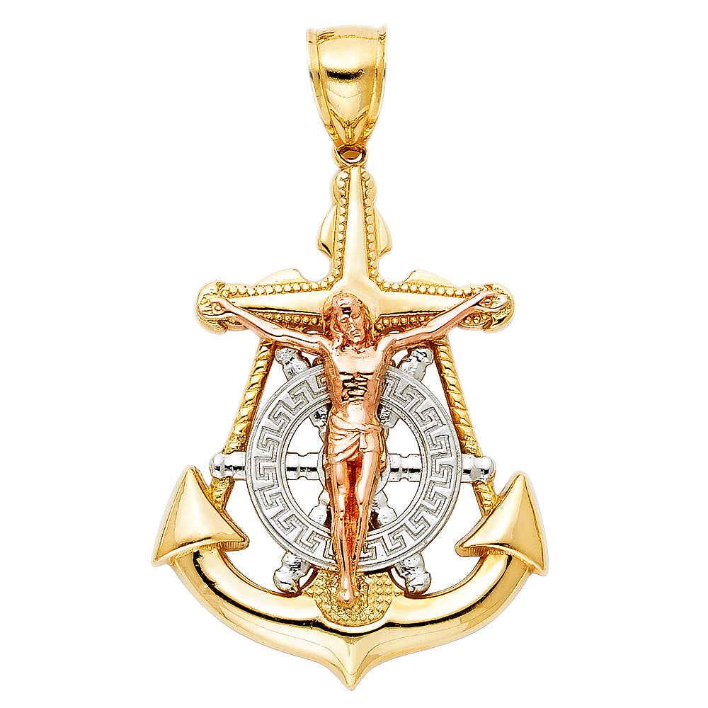 14K Yellow White Rose Gold Crucifix Anchor Pendant