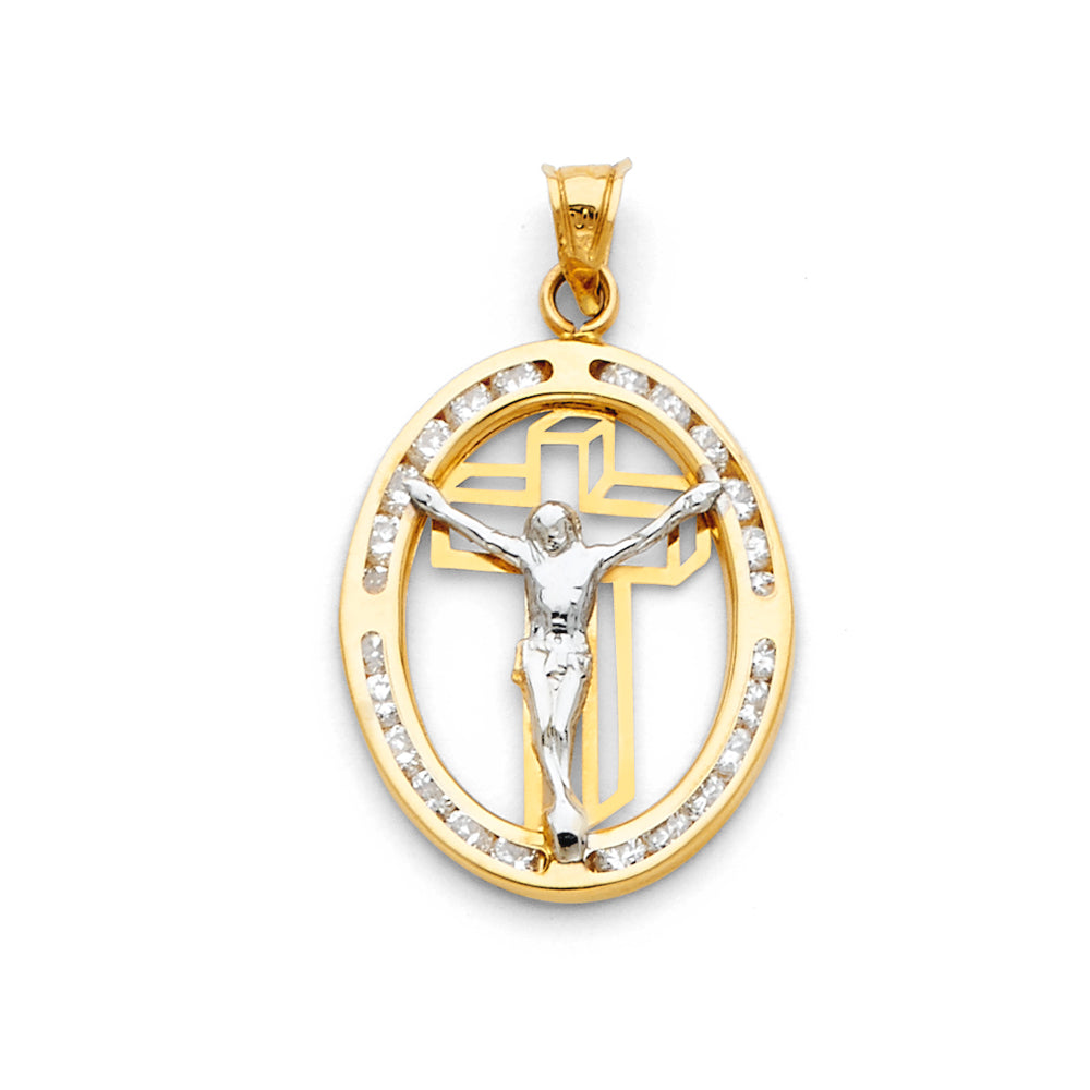 14K Two Tone Gold Jesus CZ Pendant