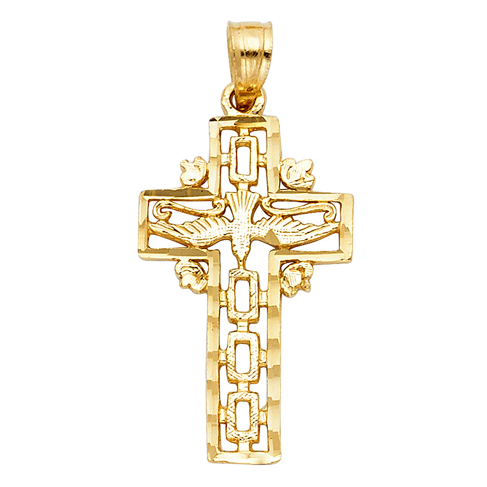 14K Yellow Gold Cross W/ Holy Spirit Dove Pendant