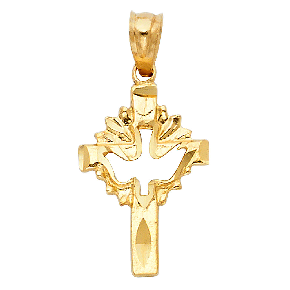 14K Yellow Gold Cross W/ Holy Spirit Dove Pendant