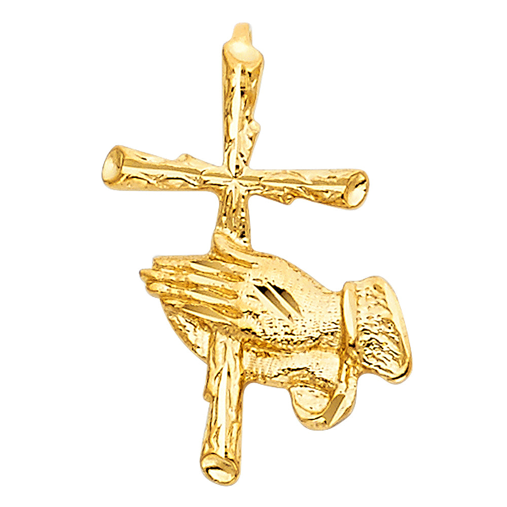14K Yellow Gold Praying Hand W/ Cross Pendant