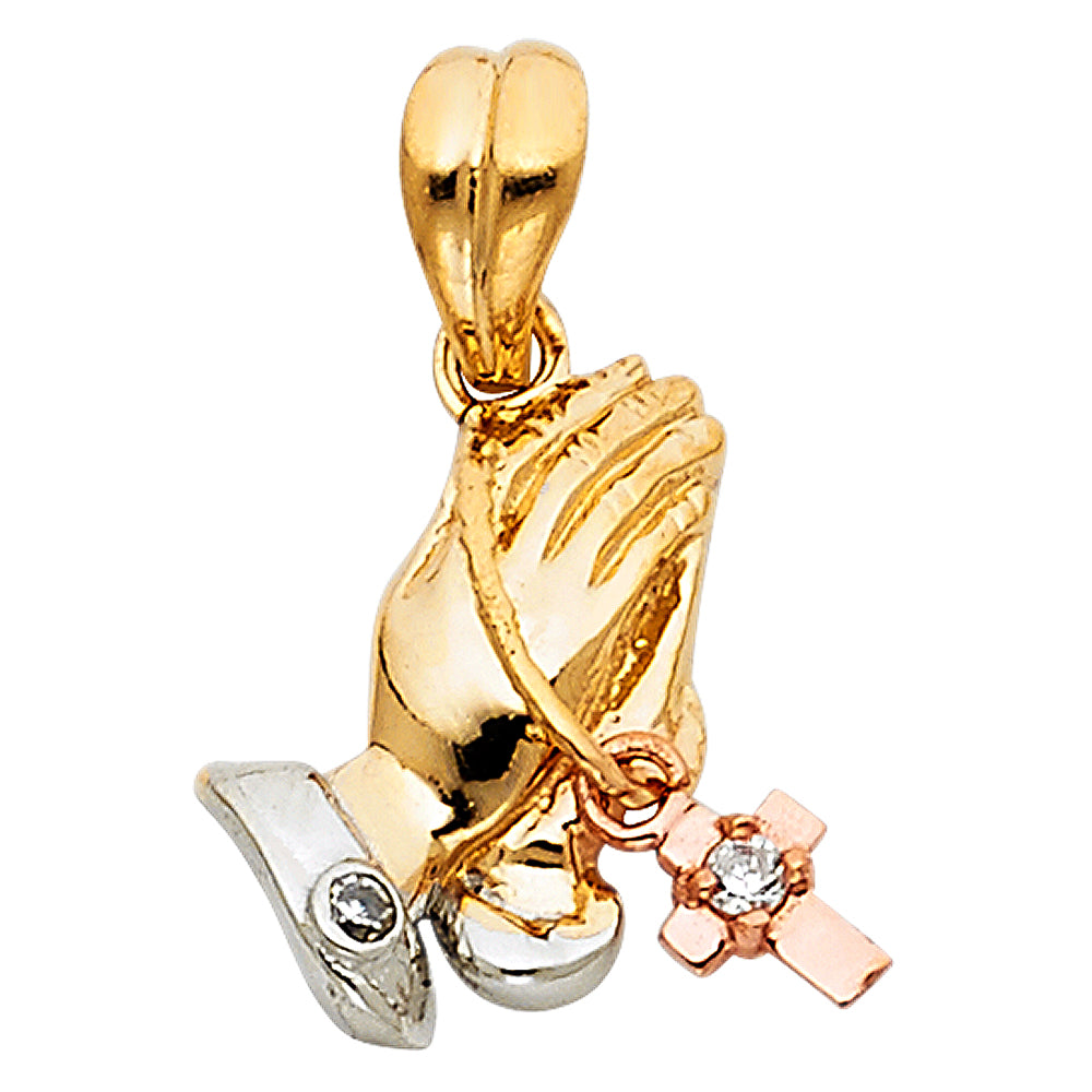 14K Yellow White Rose Gold CZ Praying Hands Pendant
