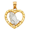 14K Two Tone Gold Praying Hands In Heart Pendant