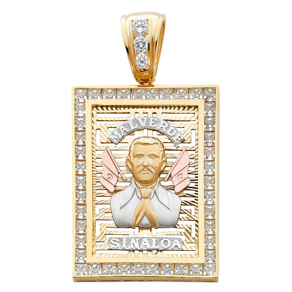 14K Yellow White Rose Gold CZ Malverde Sinaloa Pendant