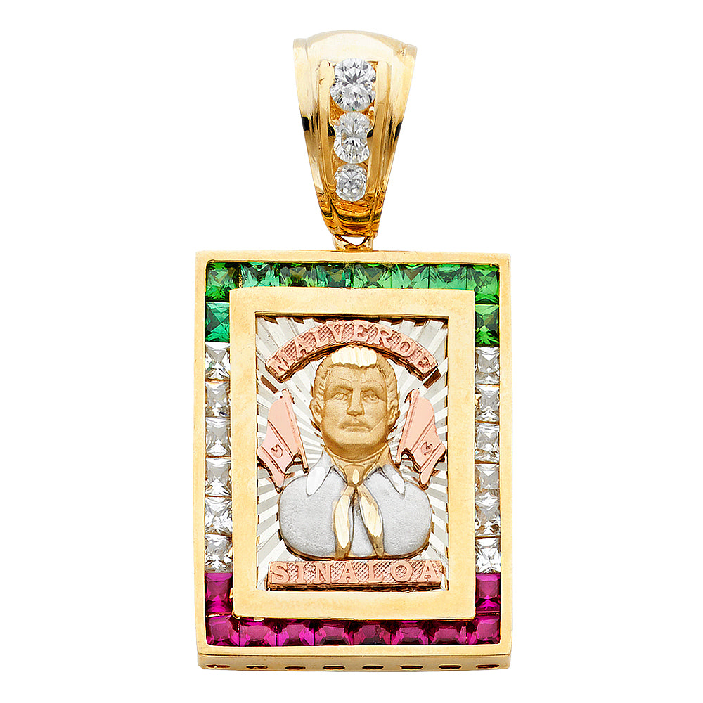 14K Yellow White Rose Gold CZ Malverde Sinaloa Pendant
