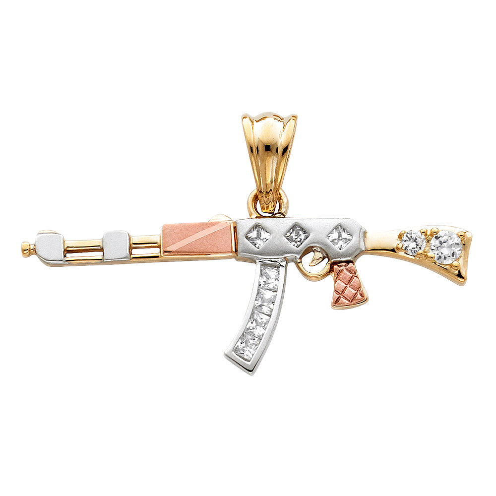 14K Yellow White Rose Gold CZ Rifle Gun Pendant