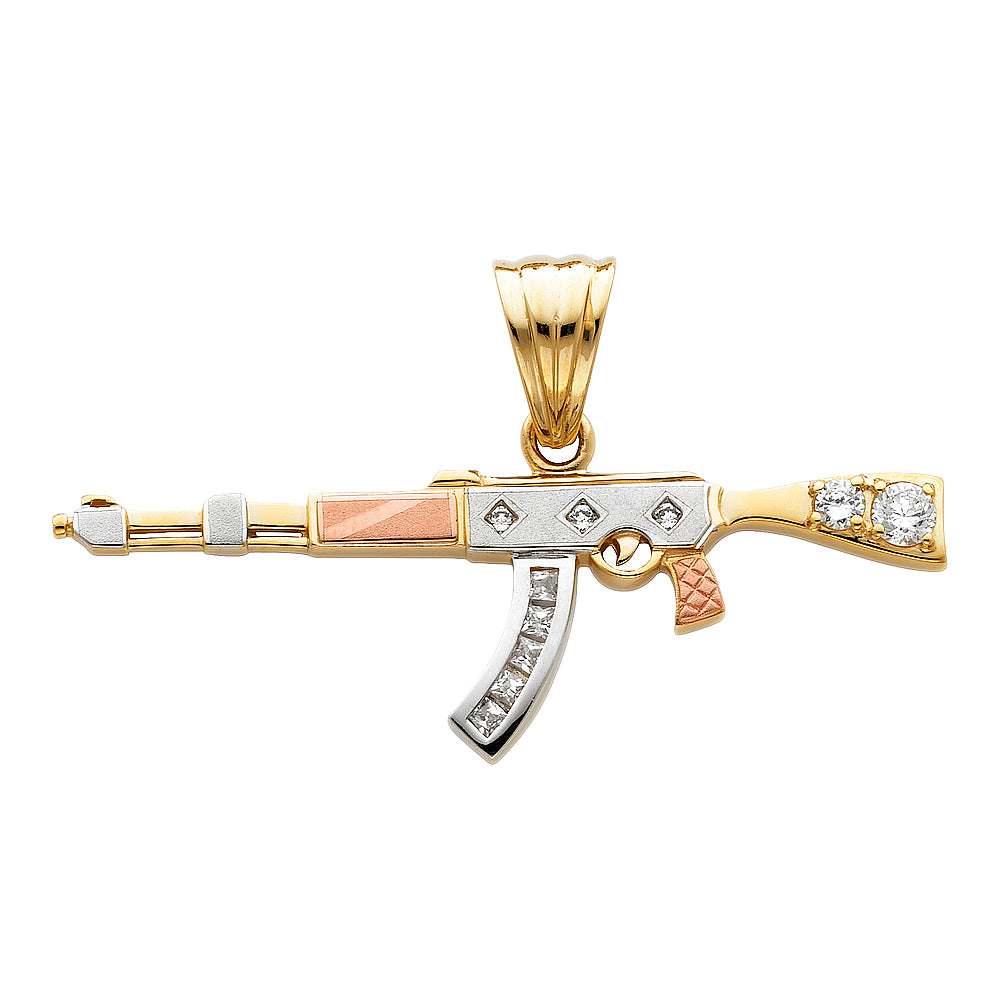 14K Yellow White Rose Gold CZ Rifle Gun Pendant