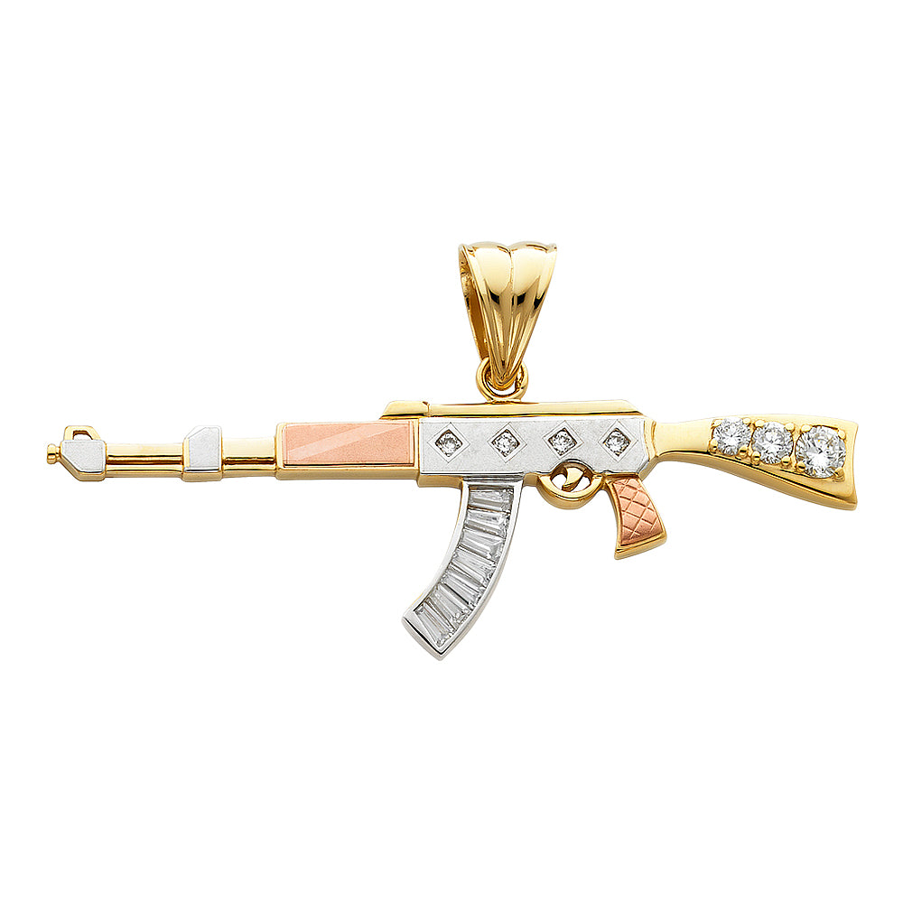 14K Yellow White Rose Gold CZ Rifle Gun Pendant