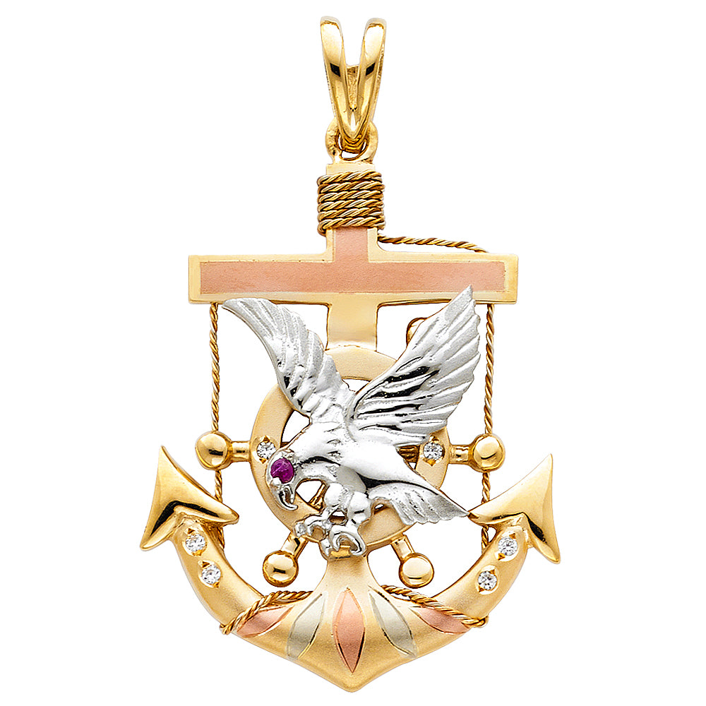 14K Yellow White Rose Gold Eagle Anchor Pendant