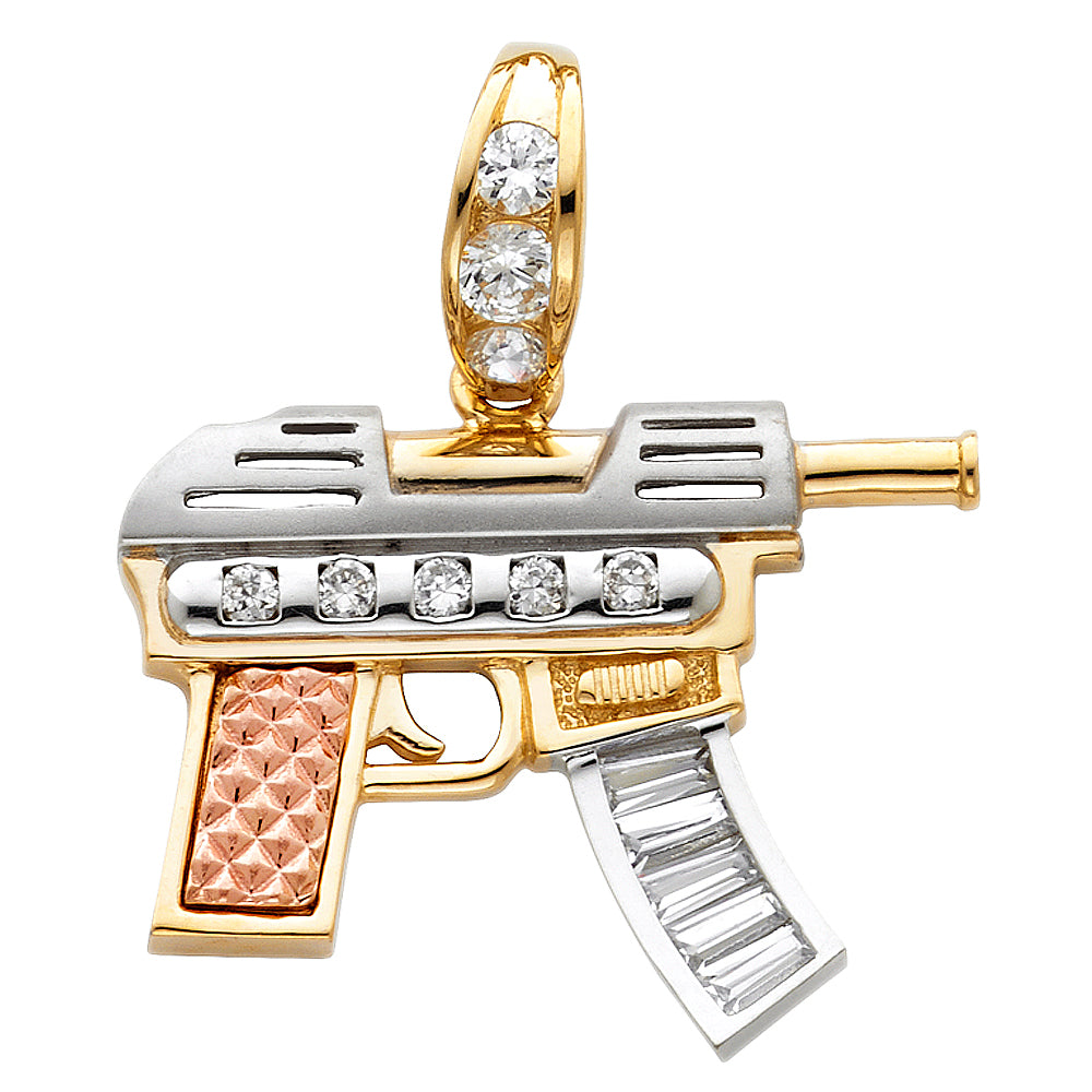 14K Yellow White Rose Gold CZ Rifle Gun Pendant