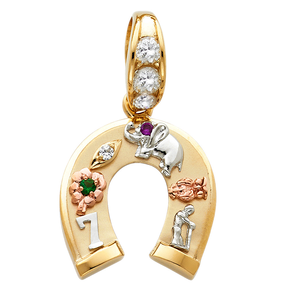 14K Yellow White Rose Gold CZ Lucky Horseshoe Pendant