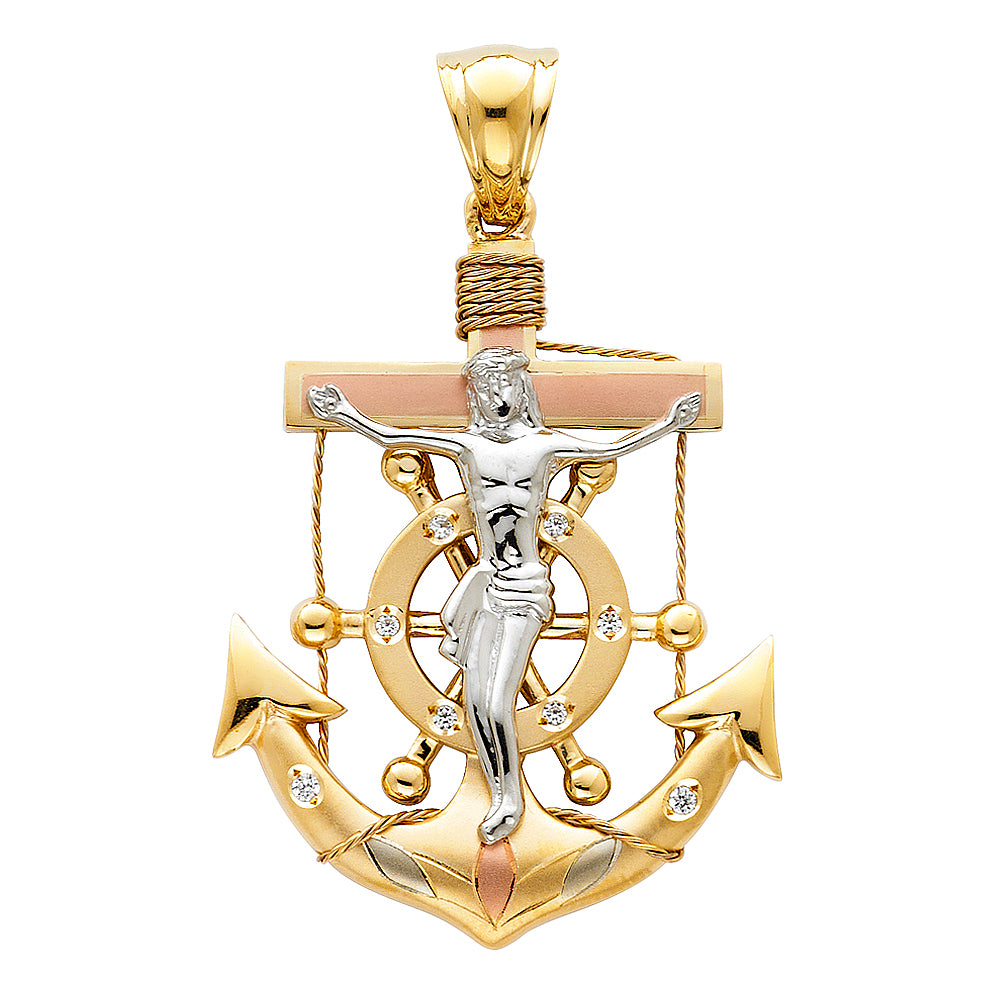 14K Yellow White Rose Gold Crucifix Anchor Pendant