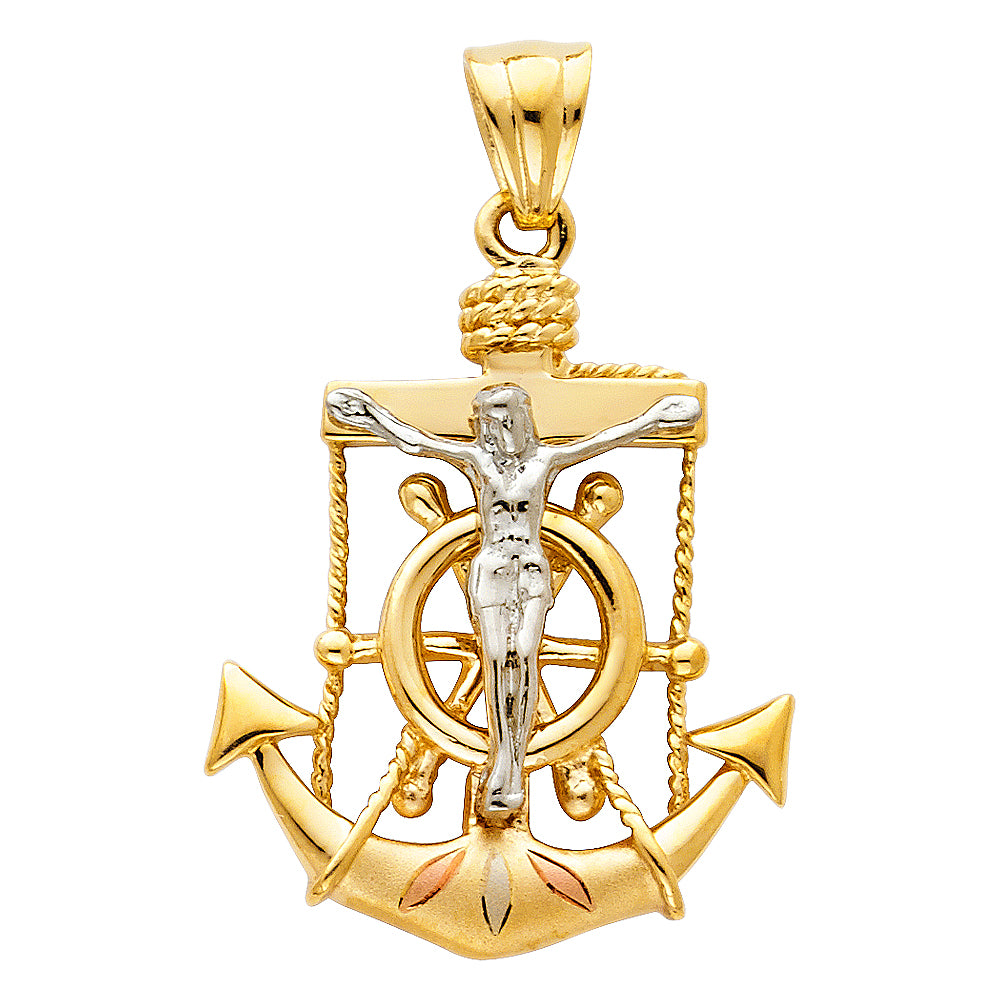 14K Yellow White Rose Gold Crucifix Anchor Pendant