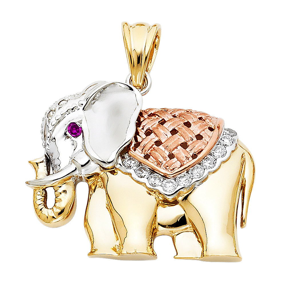 14K Yellow White Rose Gold CZ Elephant Pendant