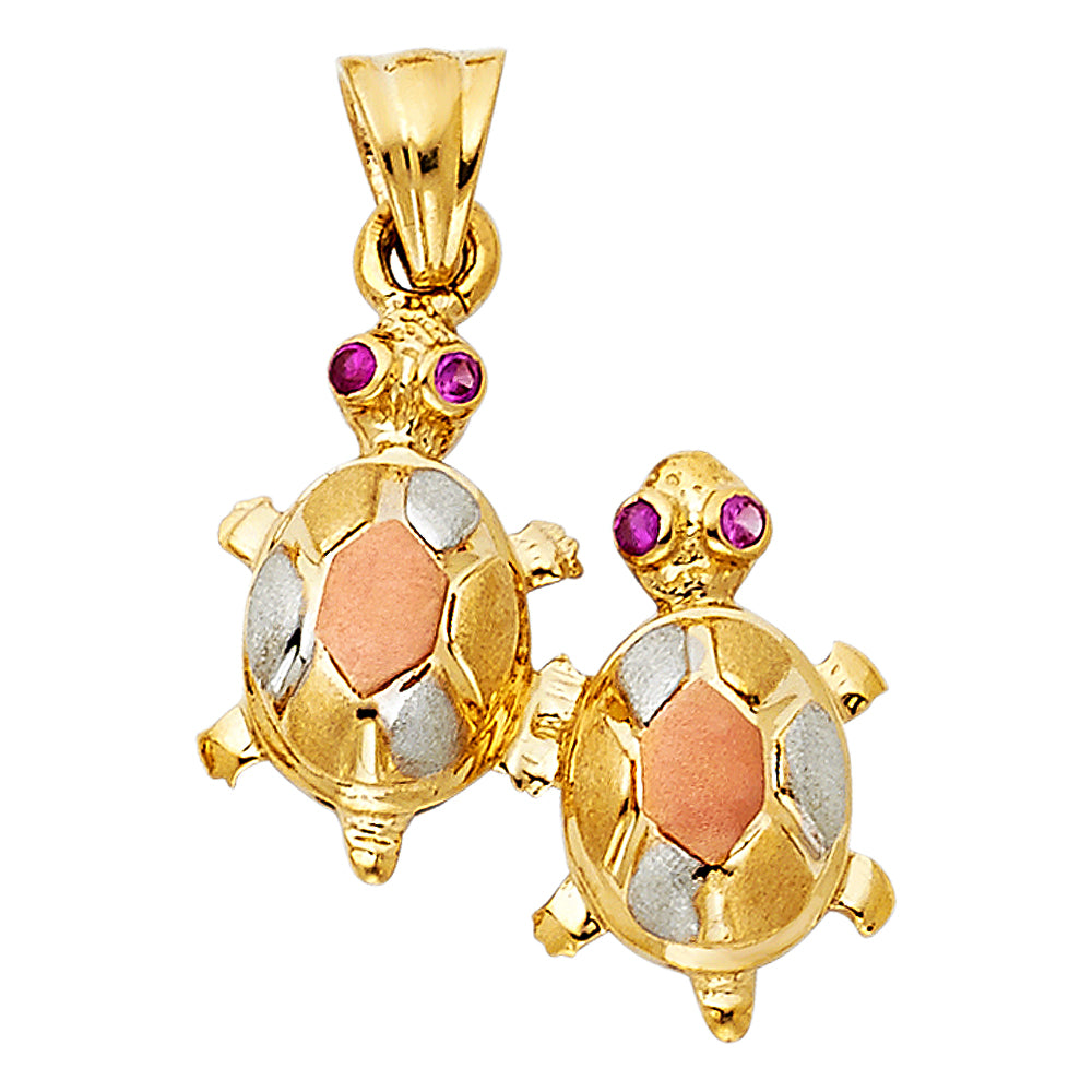 14K Yellow White Rose Gold Twin Turtle Pendant