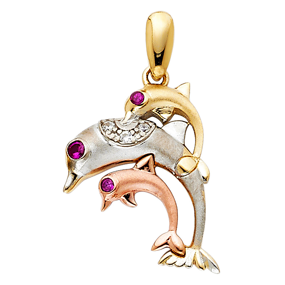 14K Yellow White Rose Gold CZ Dolphin Pendant