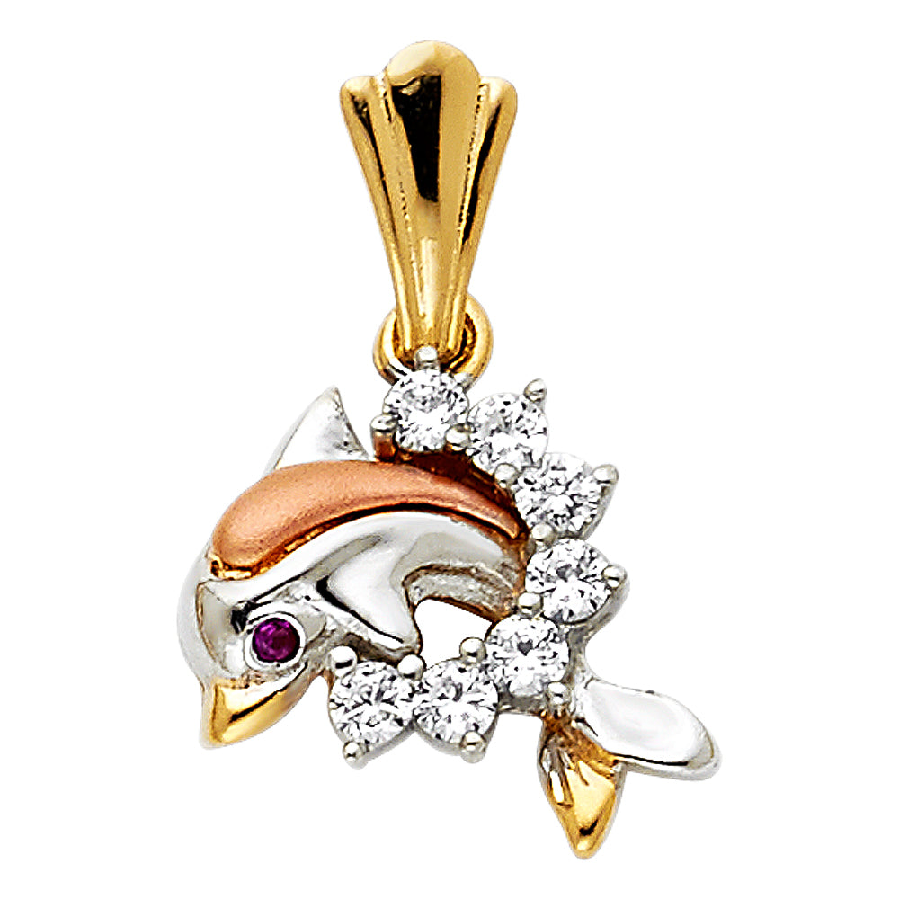 14K Yellow White Rose Gold CZ Dolphin Pendant