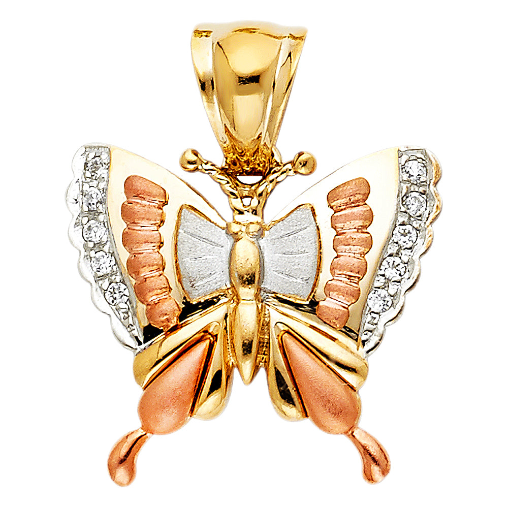 14K Yellow White Rose Gold CZ Butterfly Pendant