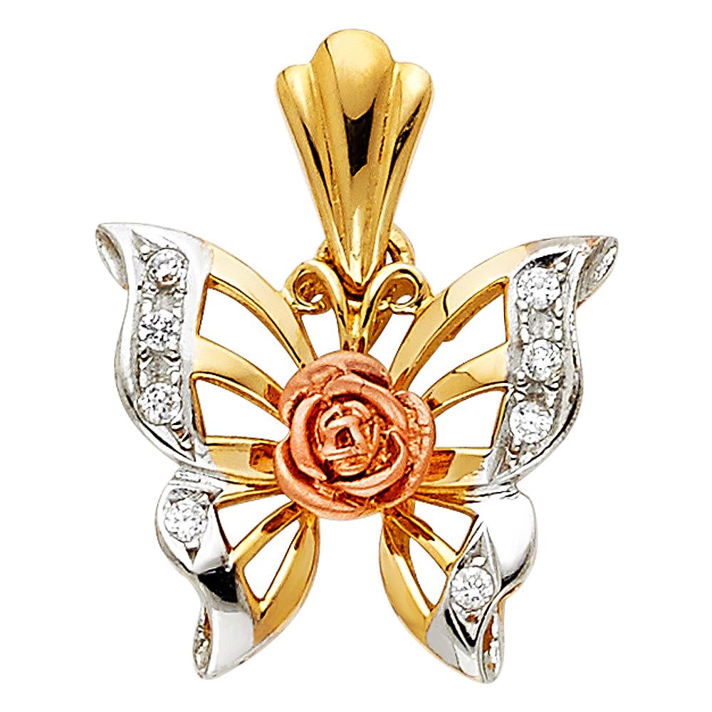 14K Yellow White Rose Gold CZ Butterfly Pendant