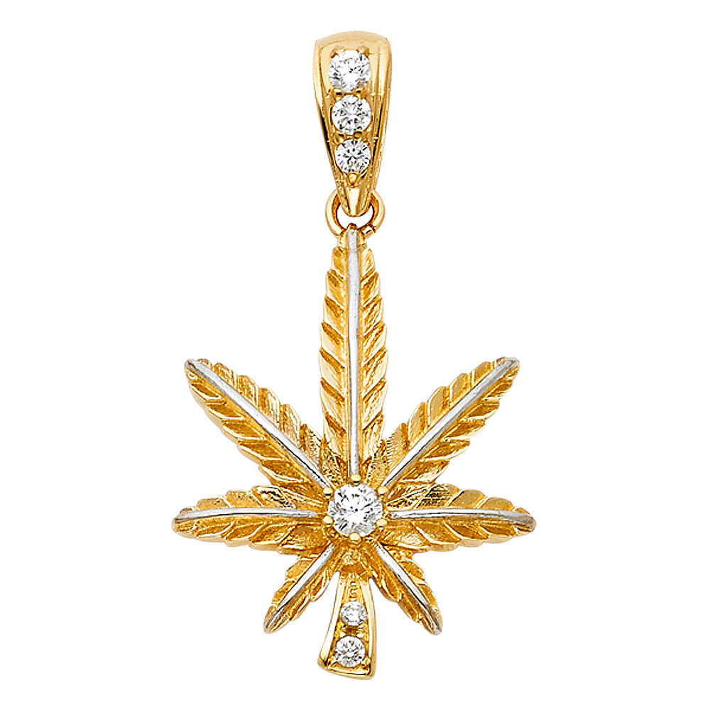 14K Yellow Gold CZ Marijuana Leaf Pendant