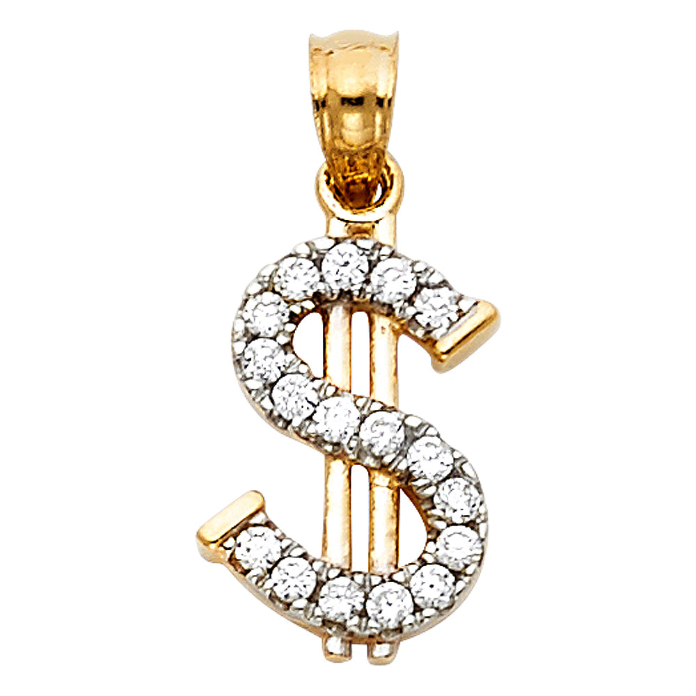 14K Two Tone Gold CZ Dollar Sign Pendant