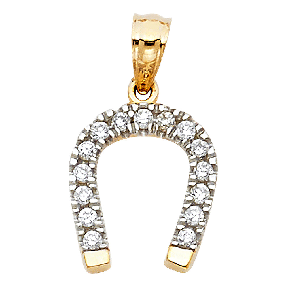 14K Two Tone Gold CZ Lucky Horseshoe Pendant