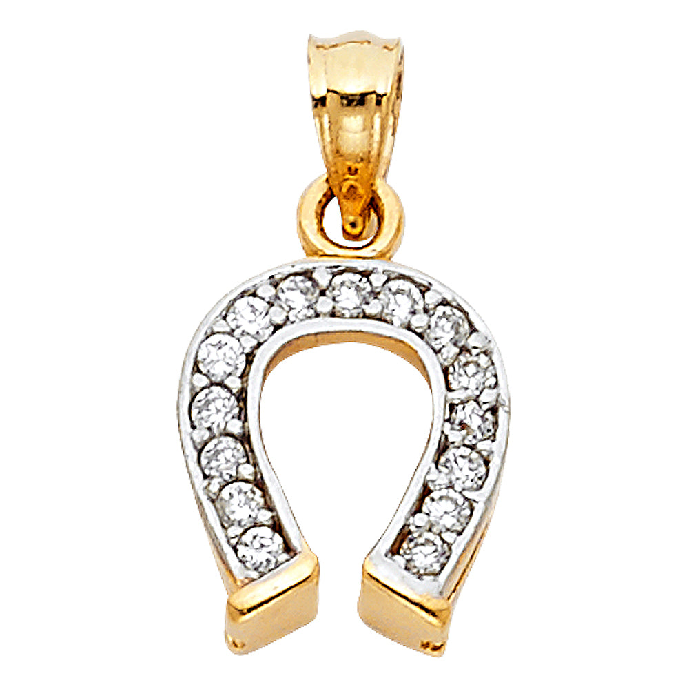 14K Two Tone Gold CZ Lucky Horseshoe Pendant