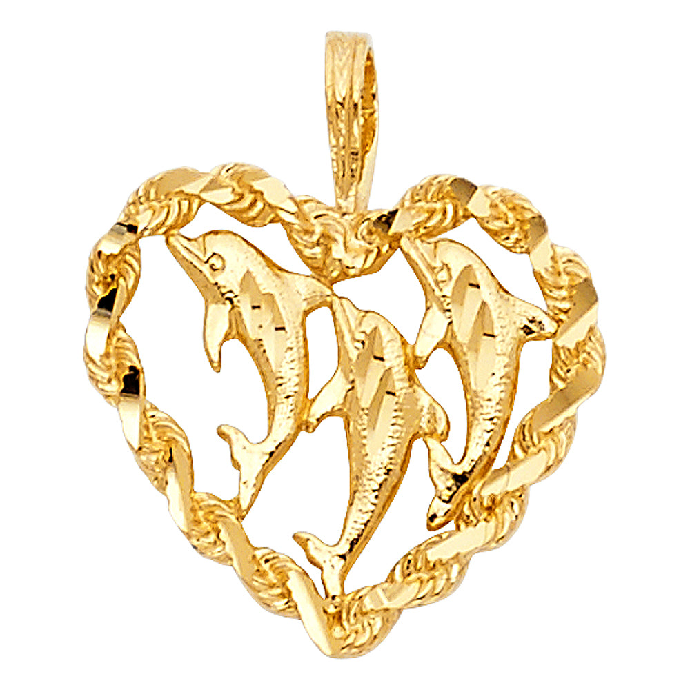 14K Yellow Gold Heart W/ Dolphin Pendant