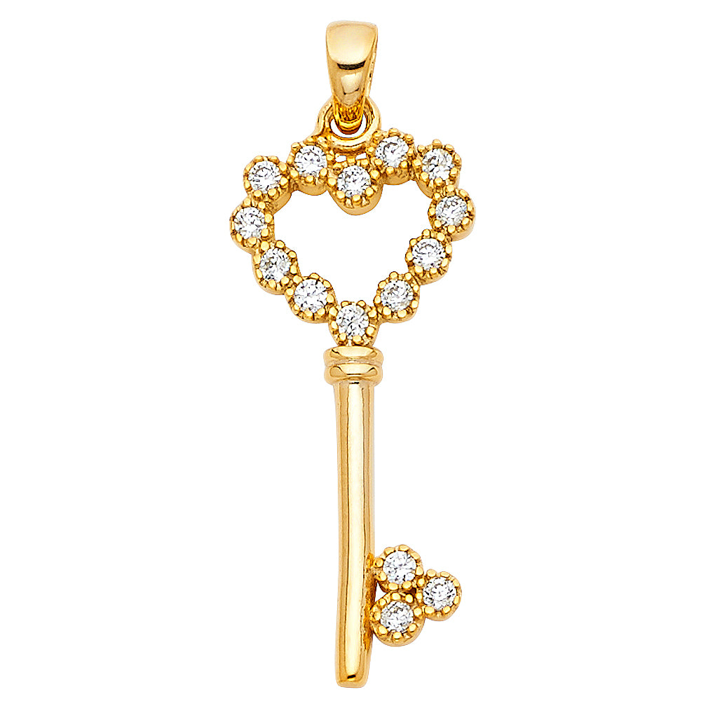 14K Yellow Gold CZ Heart Design Key Pendant