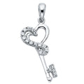14K White Gold CZ Heart Design Key Pendant