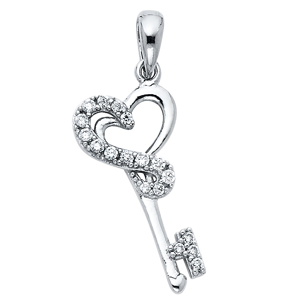 14K White Gold CZ Heart Design Key Pendant